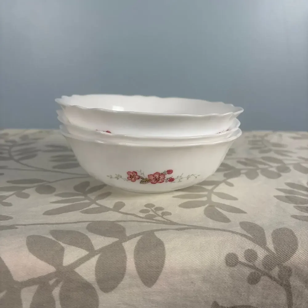 Vintage Arcopal Florentine Bowls Set of 3 Pink Floral French Opal Glass 6¼